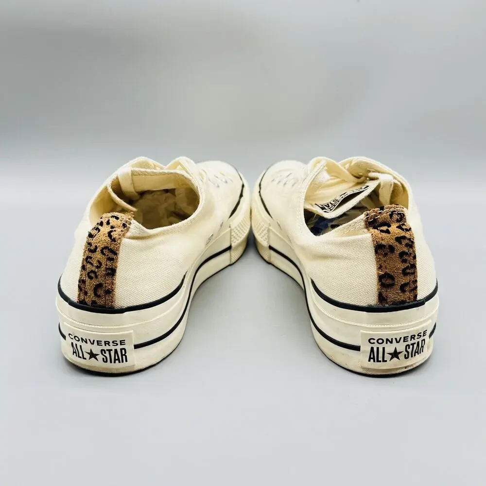 Converse Shoes Womens 8.5 Beige Canvas Chucks All Star Platform Sneakers Leopard - Picture 7 of 11